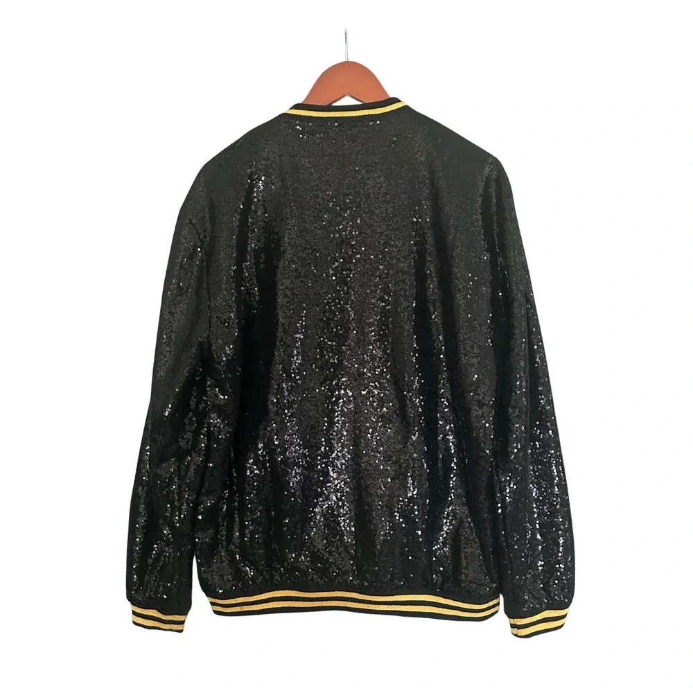 Mens XXL Black Sequin Varsity Bomber Jacket Gold Glitter Striped Party Disco 2XL